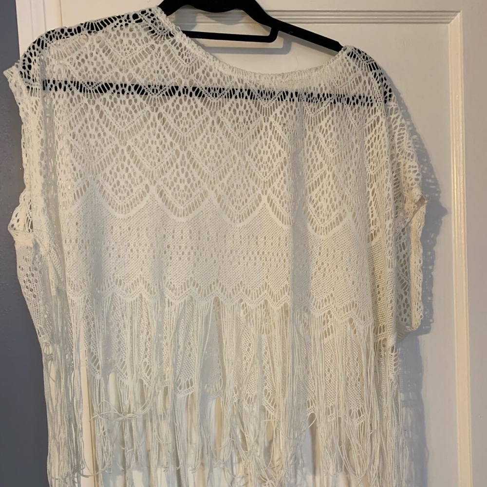 Black Poppy White Lace, Fringe Crop Top